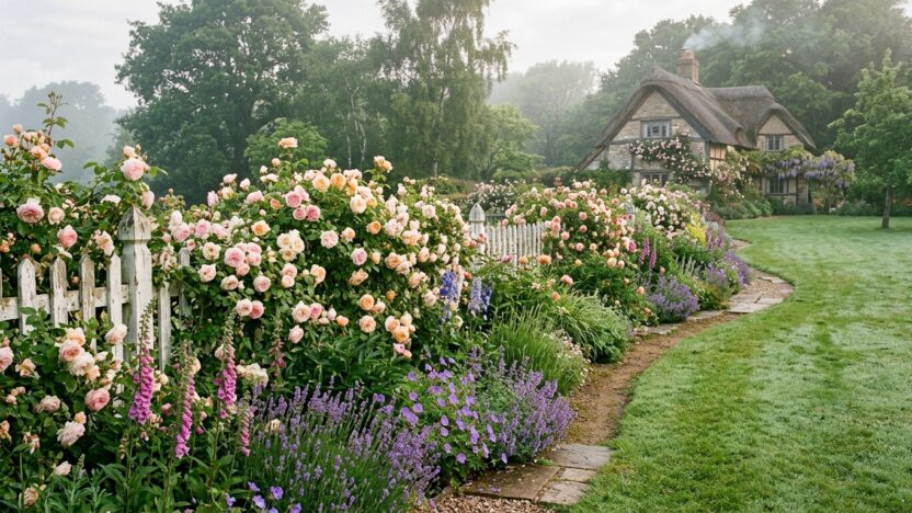 5 Cottage Rose Border Ideas That Make Gardens Feel Magical, featuring pastel roses along a white picket fence