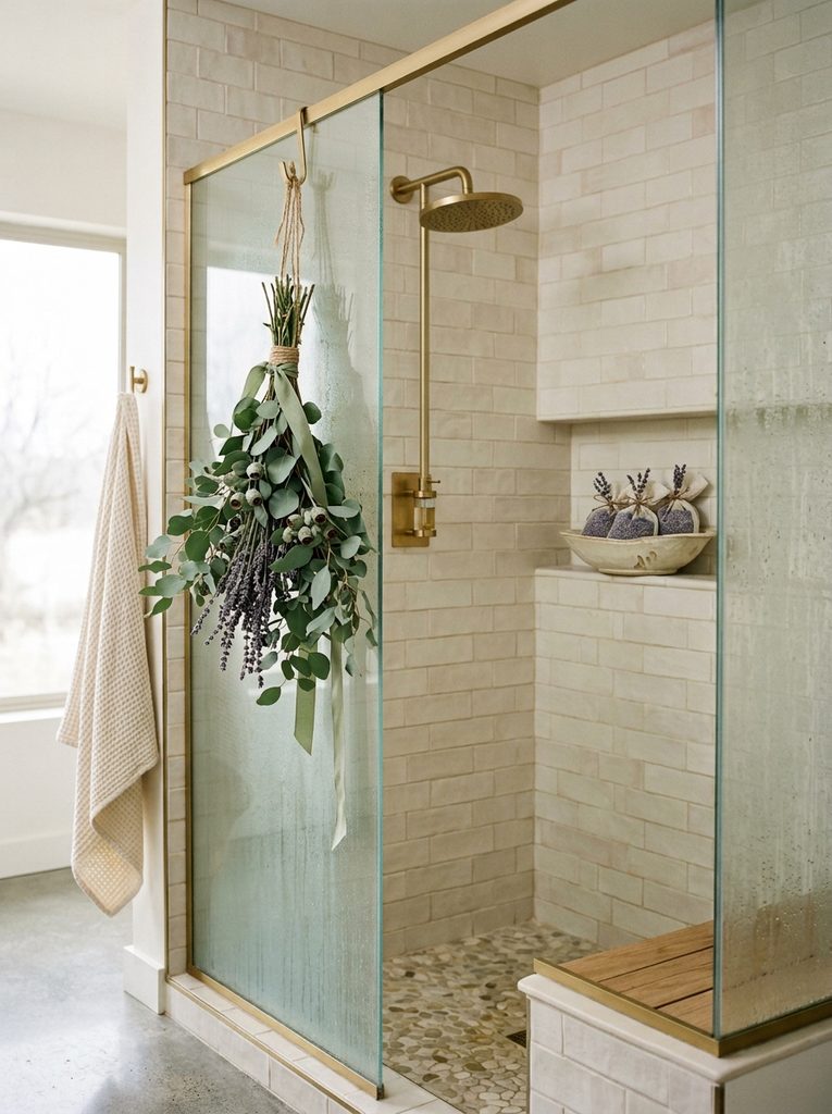 Aromatherapy Steam Infusion with an essence dispenser, hanging eucalyptus, and lavender in a steam shower
