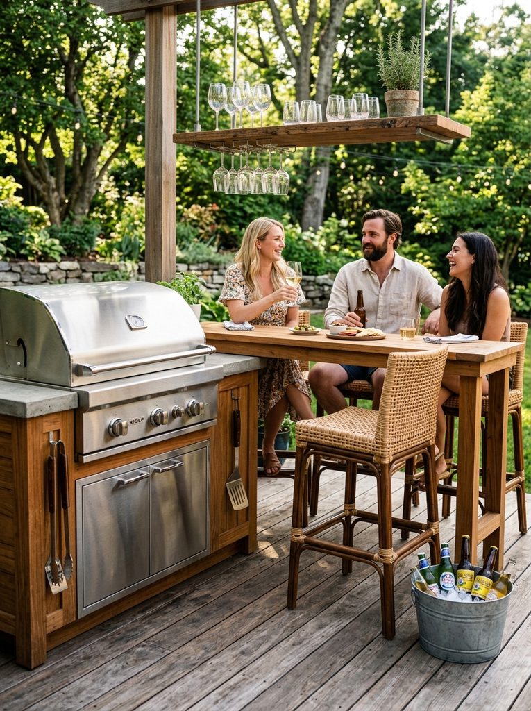 Bar Counter Grill and Hangout with a teak counter, rattan stools, and a built-in grill on a deck