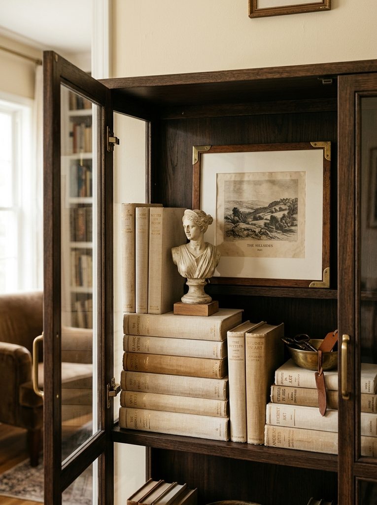 Books and Objects Layered Shelf with linen books, a brass bowl, and a small sculpture in a display cabinet