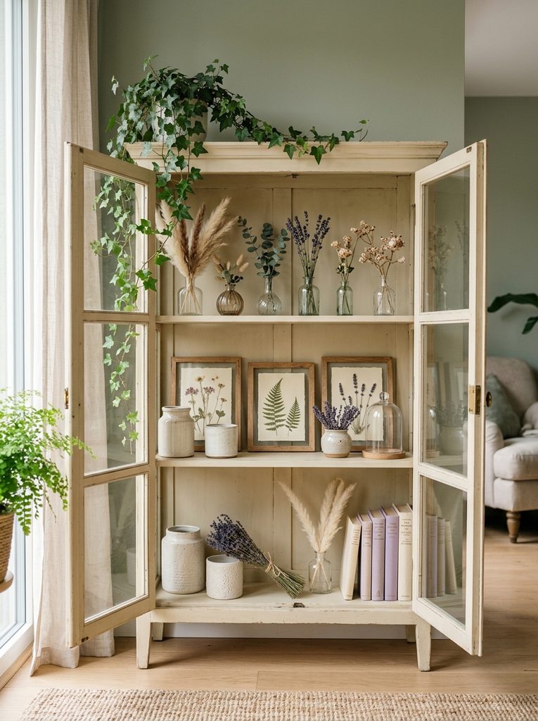 Botanical and Dried Flower Touches with bud vases of lavender and eucalyptus in a styled curio cabinet