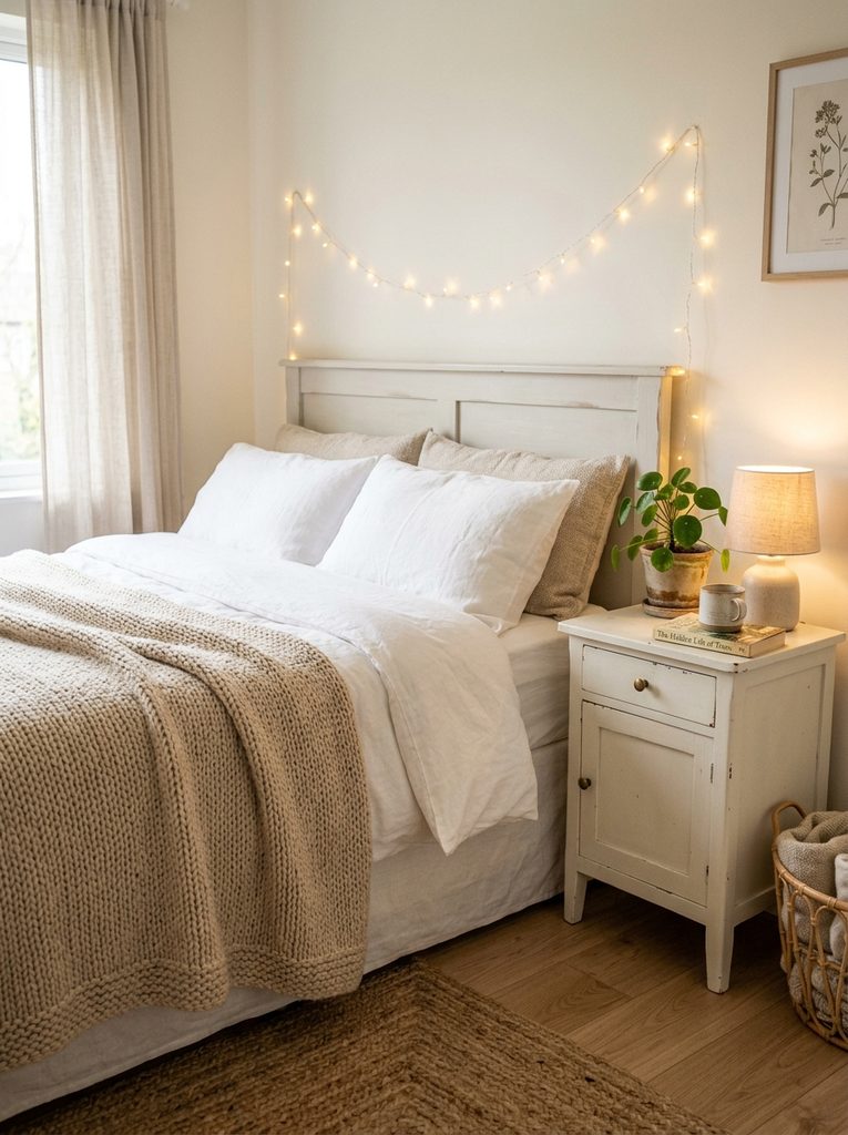 Budget Cozy Refresh Under a Weekend with a painted nightstand, knit blanket, and warm string lights