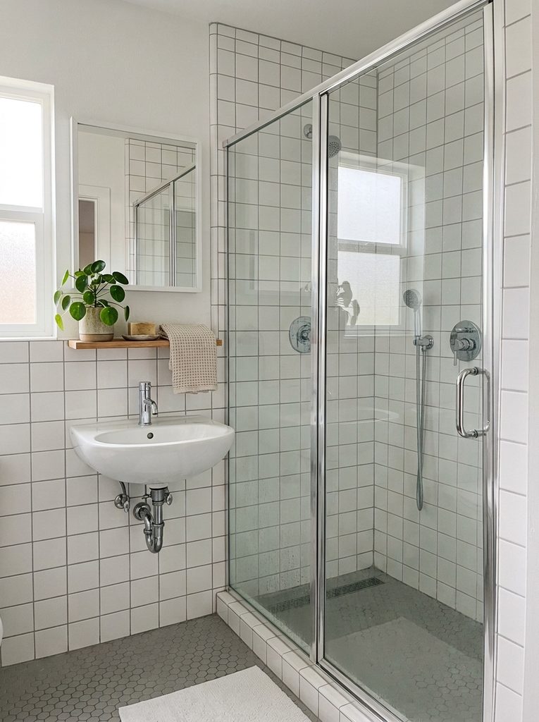 Budget-Friendly Steam Shower Conversion with white ceramic tile, a sealed glass door, and a compact steam head