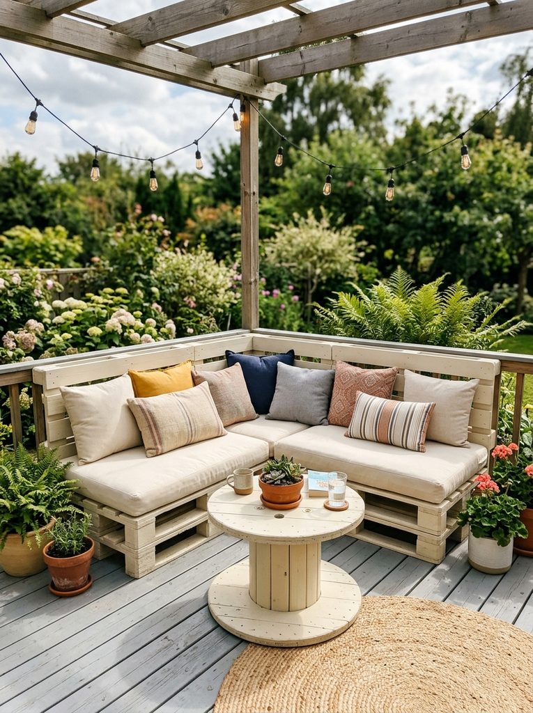 Budget Pallet and Cushion Seating with a painted pallet sofa, cream cushions, and a spool table