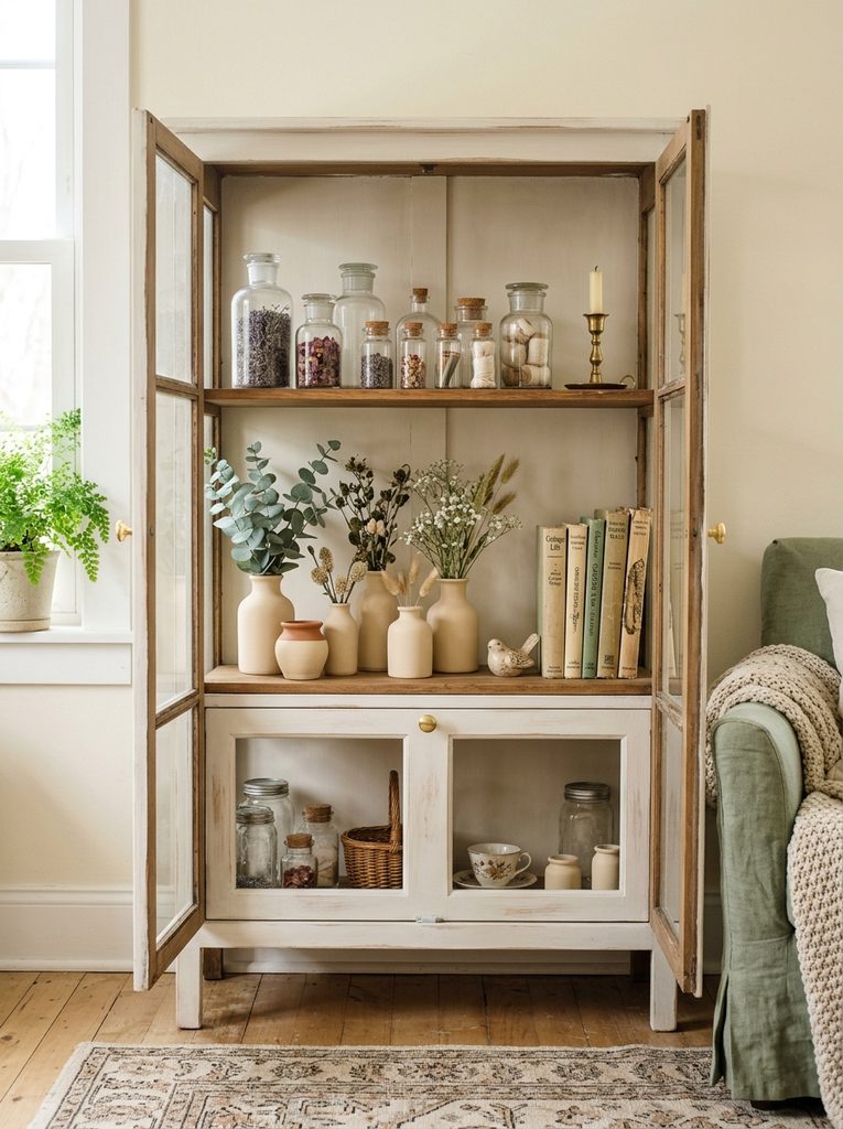 Budget Thrifted Display Refresh with a painted secondhand cabinet and thrifted glass jars and vases