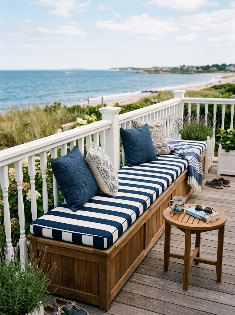Built-In Bench Seating with Storage along a deck railing with navy striped cushions