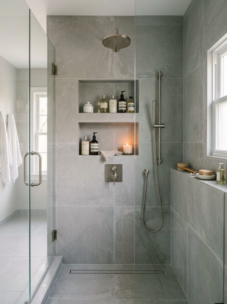 Built-In Niche and Shelf Storage with recessed tile niches and a ledge shelf in a steam shower