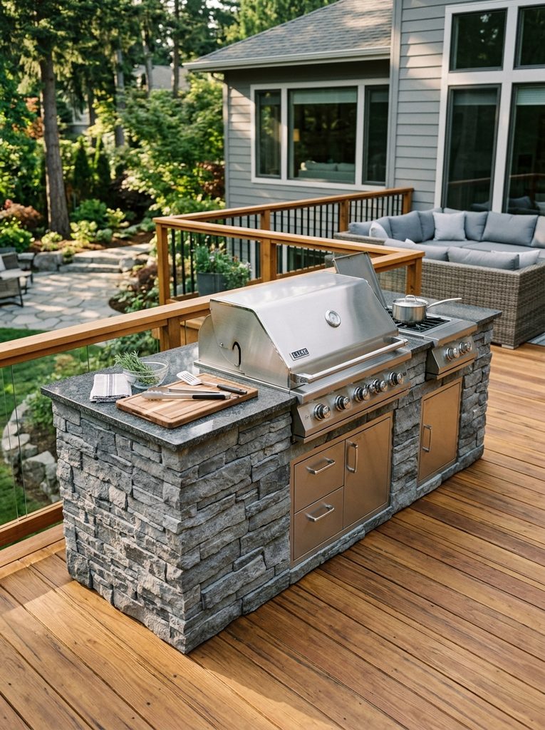 Built-In Stone Veneer Grill Island with a stainless grill and granite counter on a cedar deck