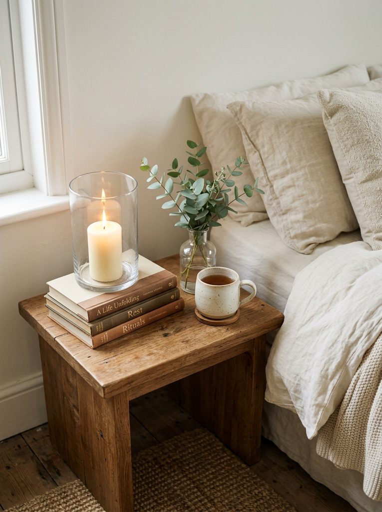 Candlelit Nightstand Styling with a pillar candle, books, a mug, and eucalyptus on a wooden table