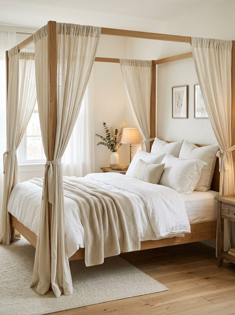 Canopy and Curtain Bed Cocoon with cream linen drapes on a wooden four-poster frame