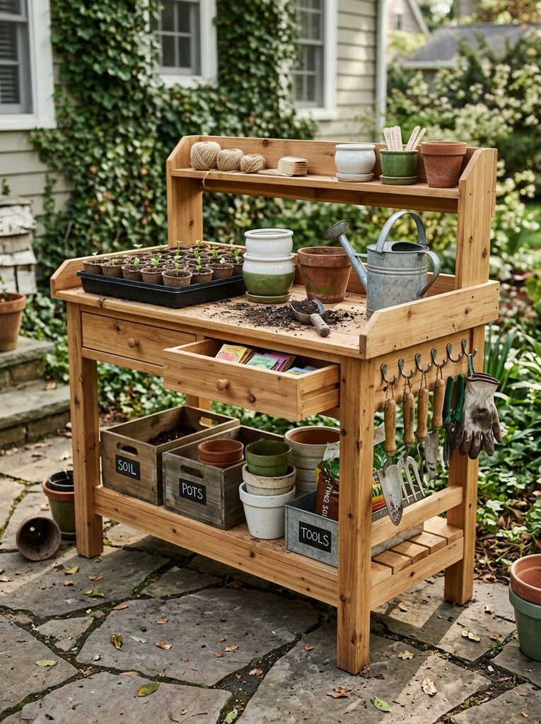 Potting Bench with Hidden Storage in cedar with bins, seed drawers, and side hooks for trowels