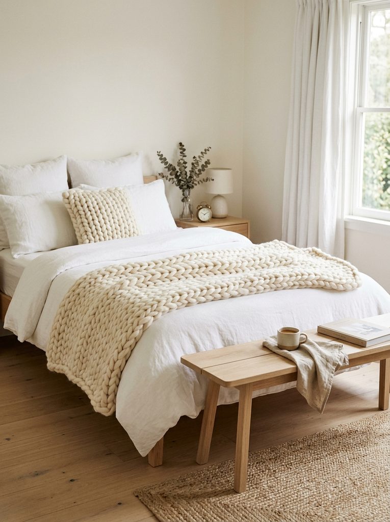 Chunky Knit Throw Moment with an ivory throw draped over a white bed and wooden bench