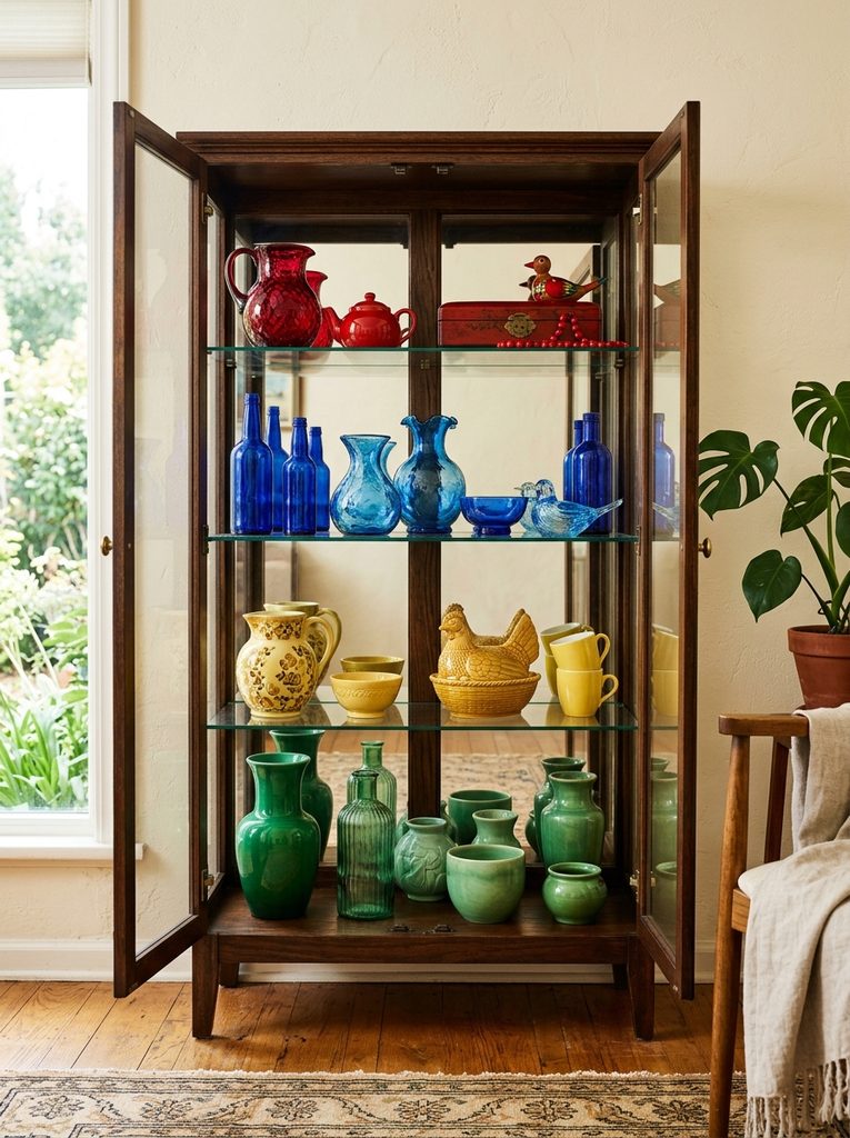 Color-Blocked Rainbow Arrangement with shelves of red, blue, yellow, and green objects in a curio cabinet