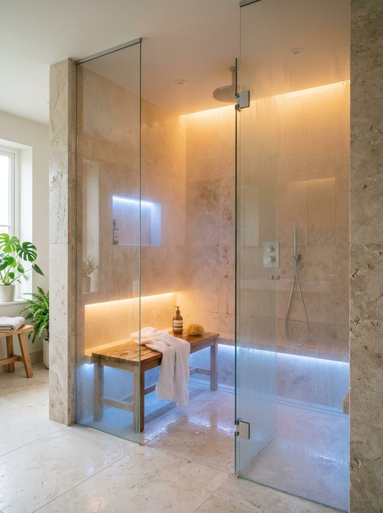 Color-Changing Chromatherapy Lighting in a steam shower with soft amber and blue glow through mist