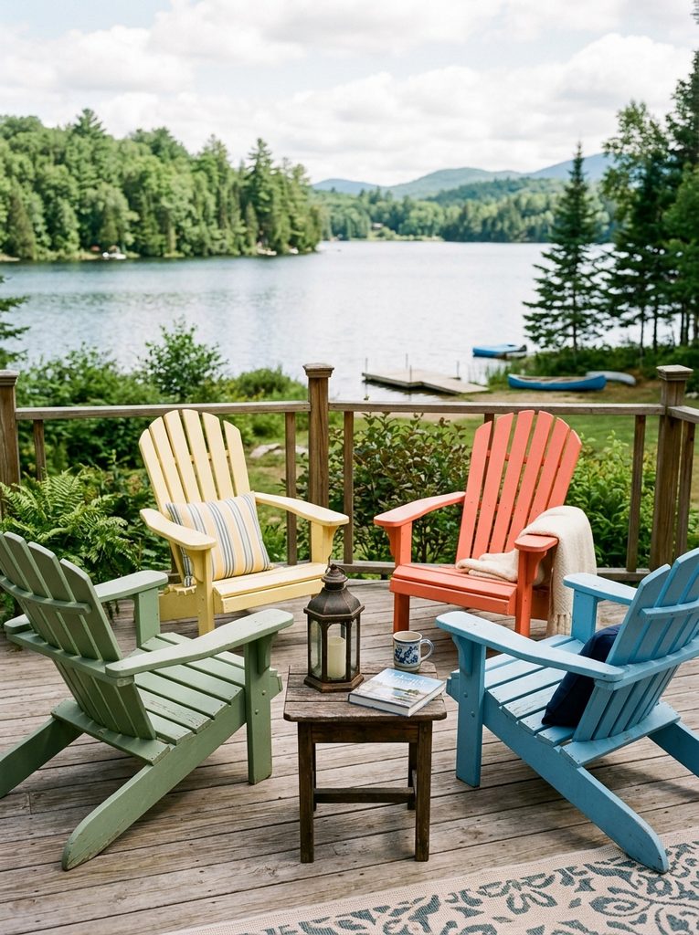 Colorful Adirondack Chair Cluster in sage, yellow, coral, and blue on a deck with a lawn view