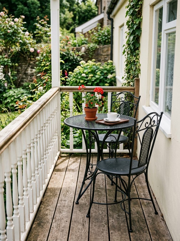 Compact Bistro Set for Two with a round black metal table and chairs on a narrow deck