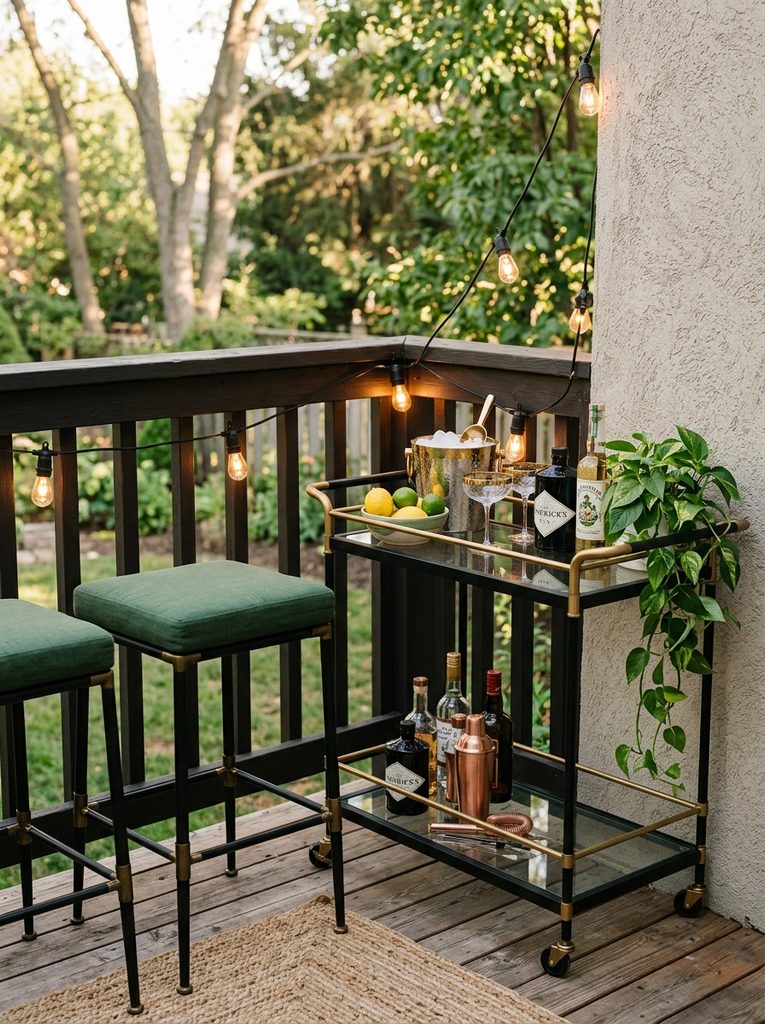 Corner Bar Cart Hangout with glasses, a citrus bowl, and two stools in a deck corner