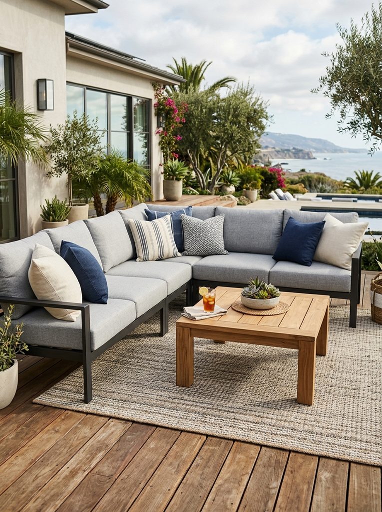 Cozy Outdoor Sectional Lounge with gray cushions, navy pillows, and a teak coffee table on a deck