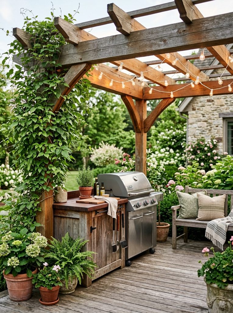 Cozy Pergola Grill Nook with string lights, a stainless grill, and a cushioned bench on a deck