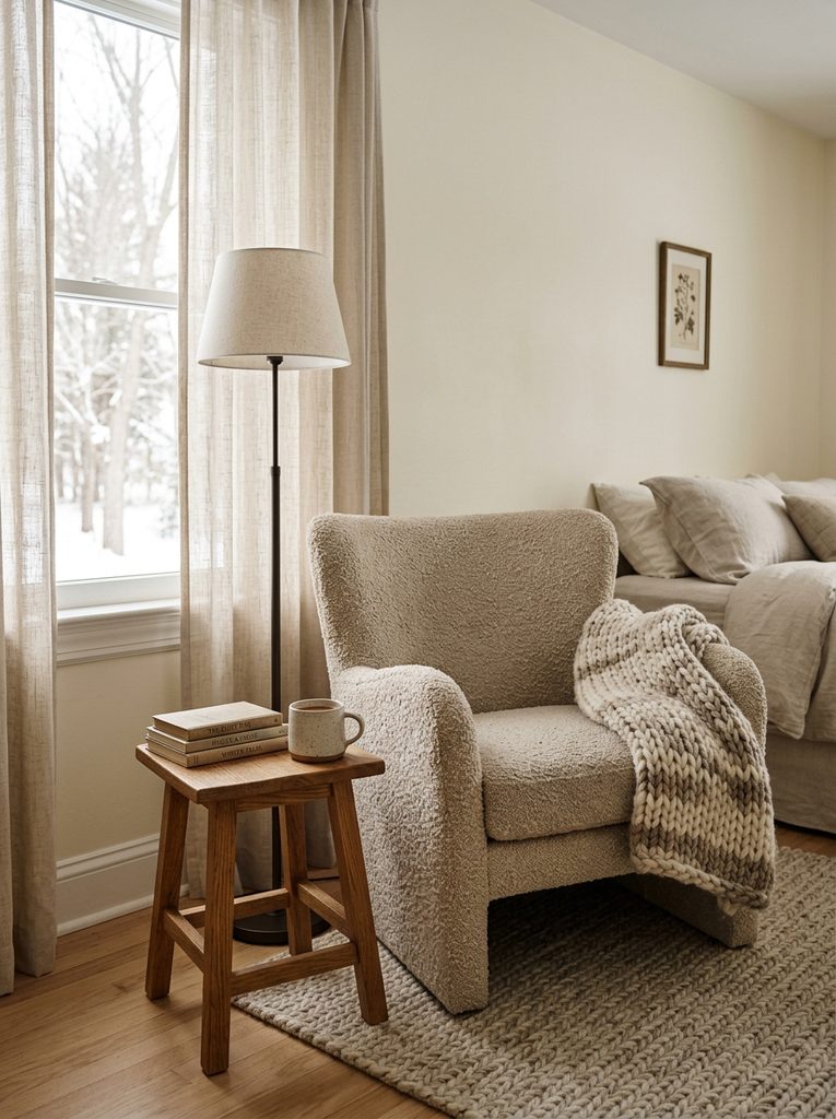 Cozy Reading Nook by the Window with a bouclé armchair, throw, books, and a floor lamp