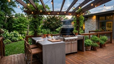 7 Deck Grill Station Ideas That Bring Serious Style to Outdoor Cooking, featuring a built-in grill on a wood deck