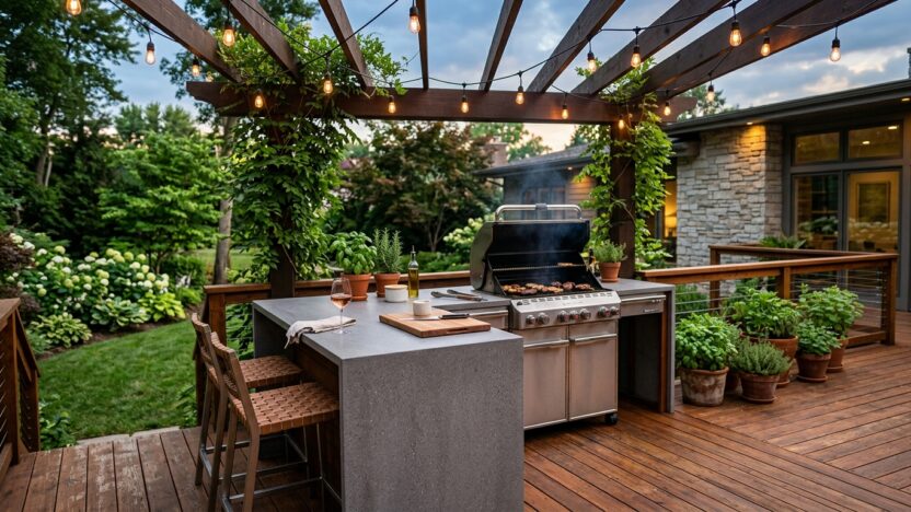 7 Deck Grill Station Ideas That Bring Serious Style to Outdoor Cooking, featuring a built-in grill on a wood deck
