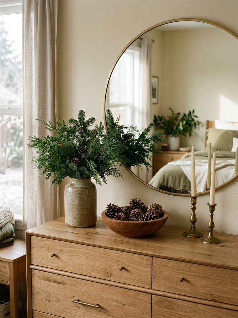 Evergreen Branch and Pinecone Touch with fresh branches, pinecones, and brass candlesticks on a dresser