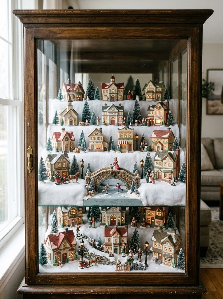Figurine and Miniature Village with ceramic houses and tiny trees arranged on tiered shelves in a cabinet