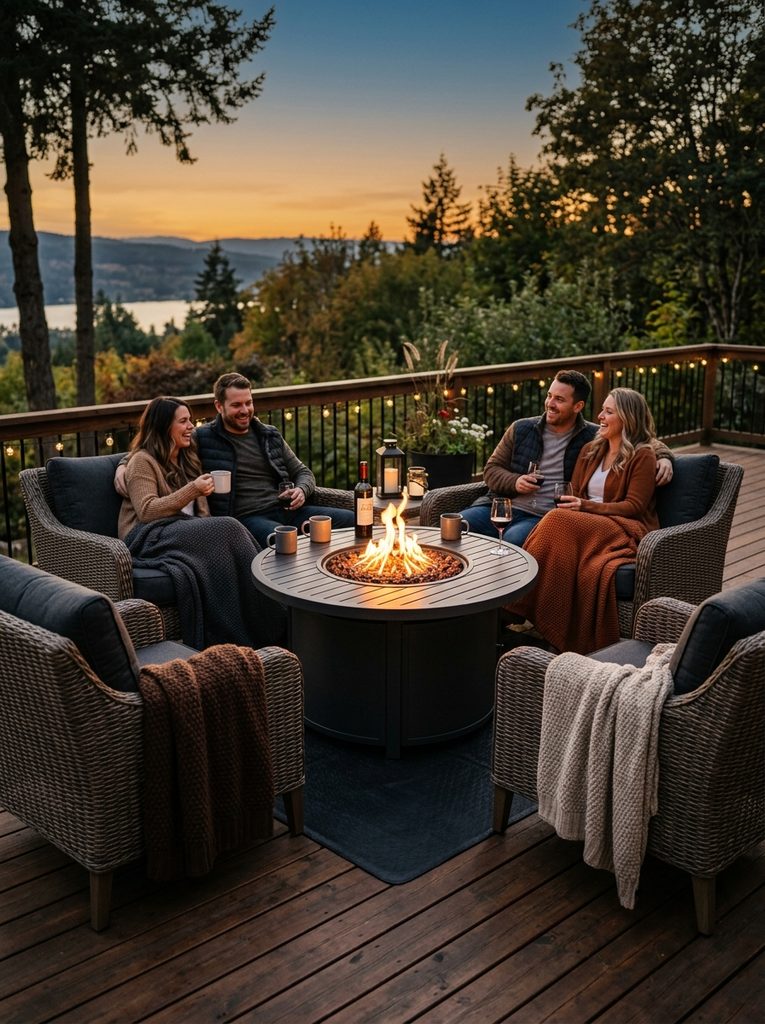 Fire Pit Conversation Circle with four cushioned chairs around a gas fire pit table on a deck