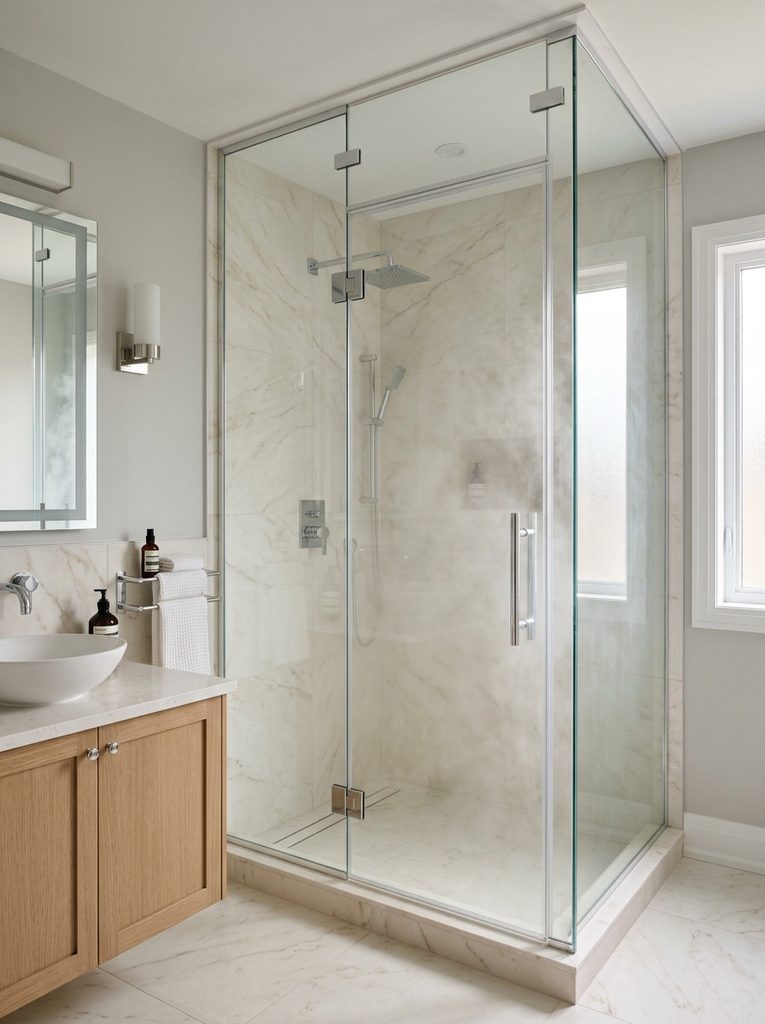 Full-Height Frameless Glass Enclosure with a sealed door, cream marble-look tile, and soft mist