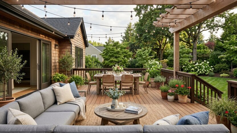 19 Deck Furniture Ideas You'll Want to Copy for Your Own Backyard, featuring a styled deck with sectional seating