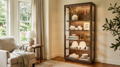 15 Curio Cabinet Styling Ideas That Turn Clutter Into a Beautiful Display, featuring a glowing glass-front cabinet