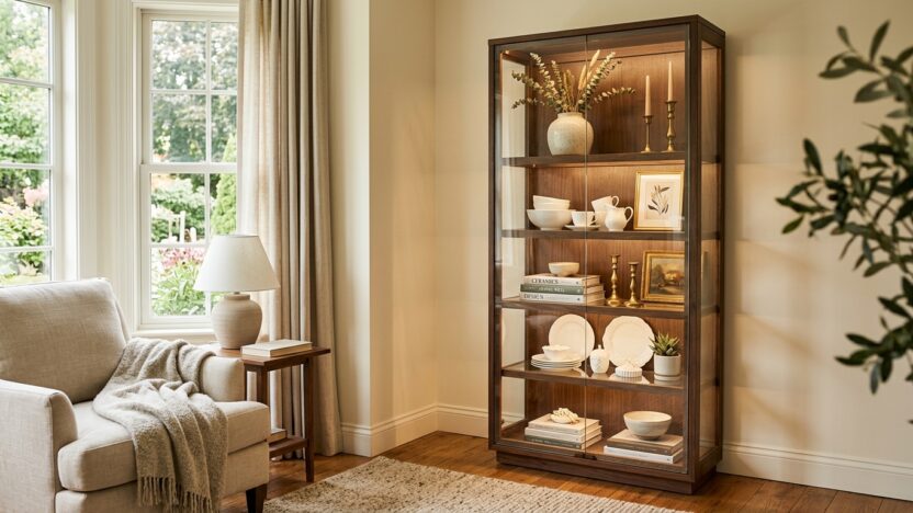 15 Curio Cabinet Styling Ideas That Turn Clutter Into a Beautiful Display, featuring a glowing glass-front cabinet