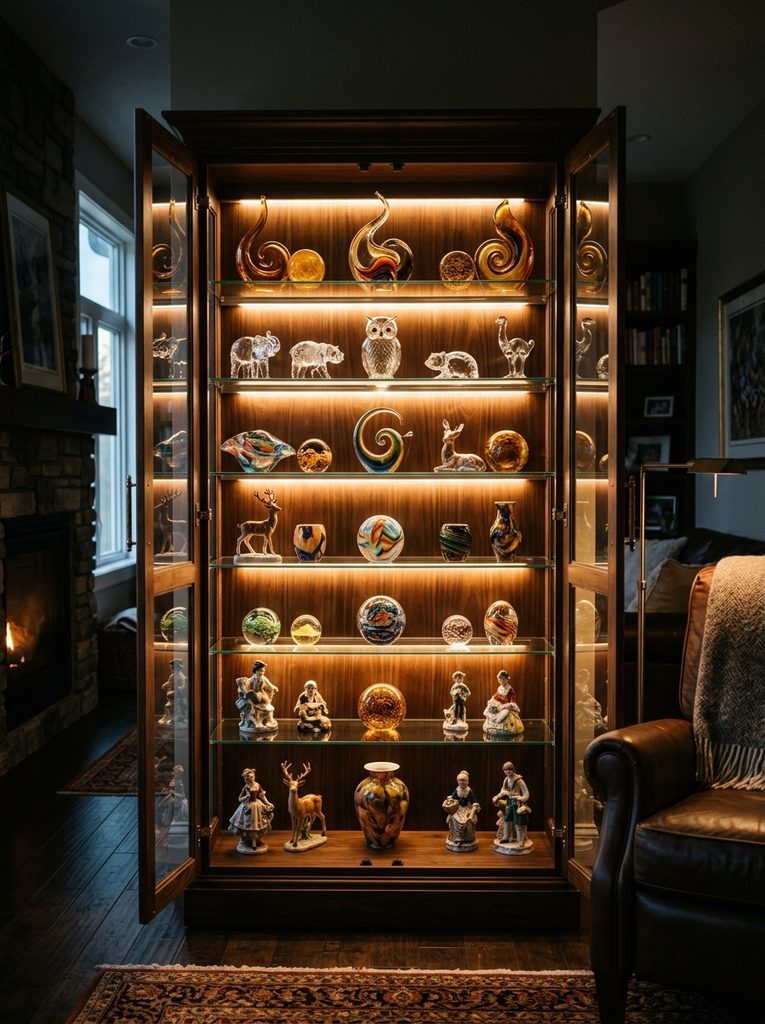 Glowing LED Accent Lighting inside a walnut curio cabinet lighting glass sculptures and ceramic figurines