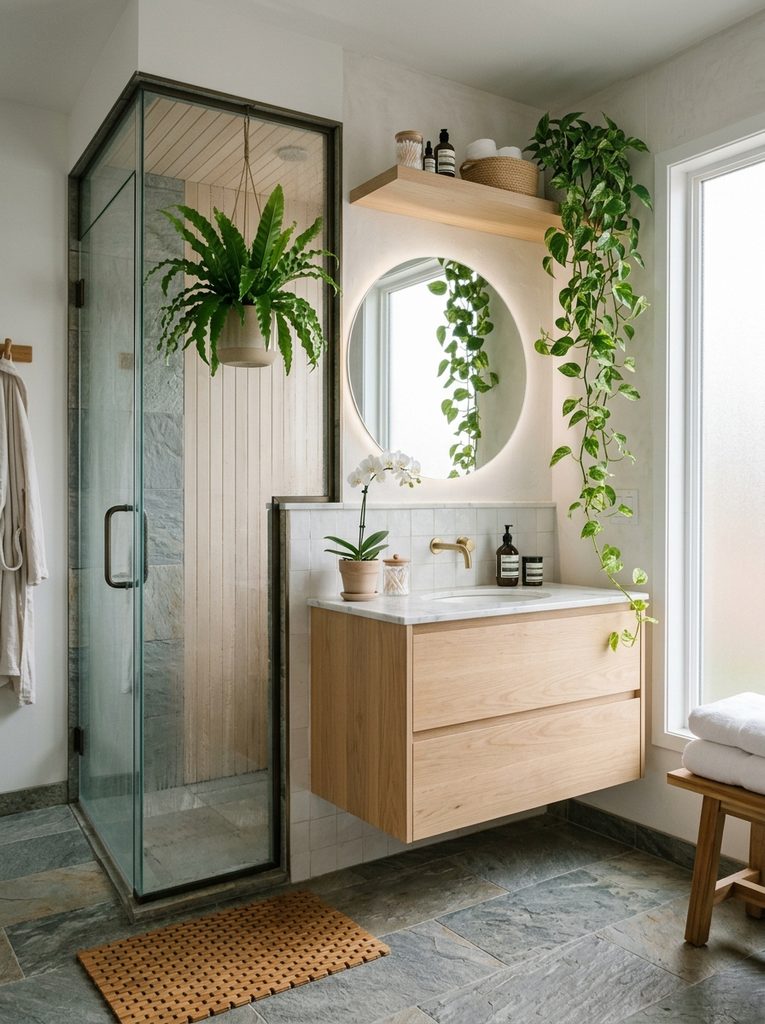 Greenery and Humidity-Loving Plants beside a steam shower with a hanging fern, pothos, and orchid