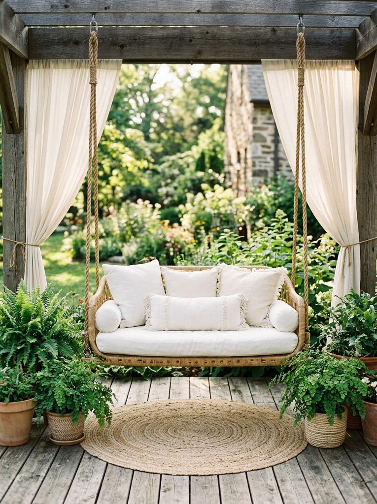 Hanging Daybed Swing with white cushions suspended from a pergola beam above a woven rug