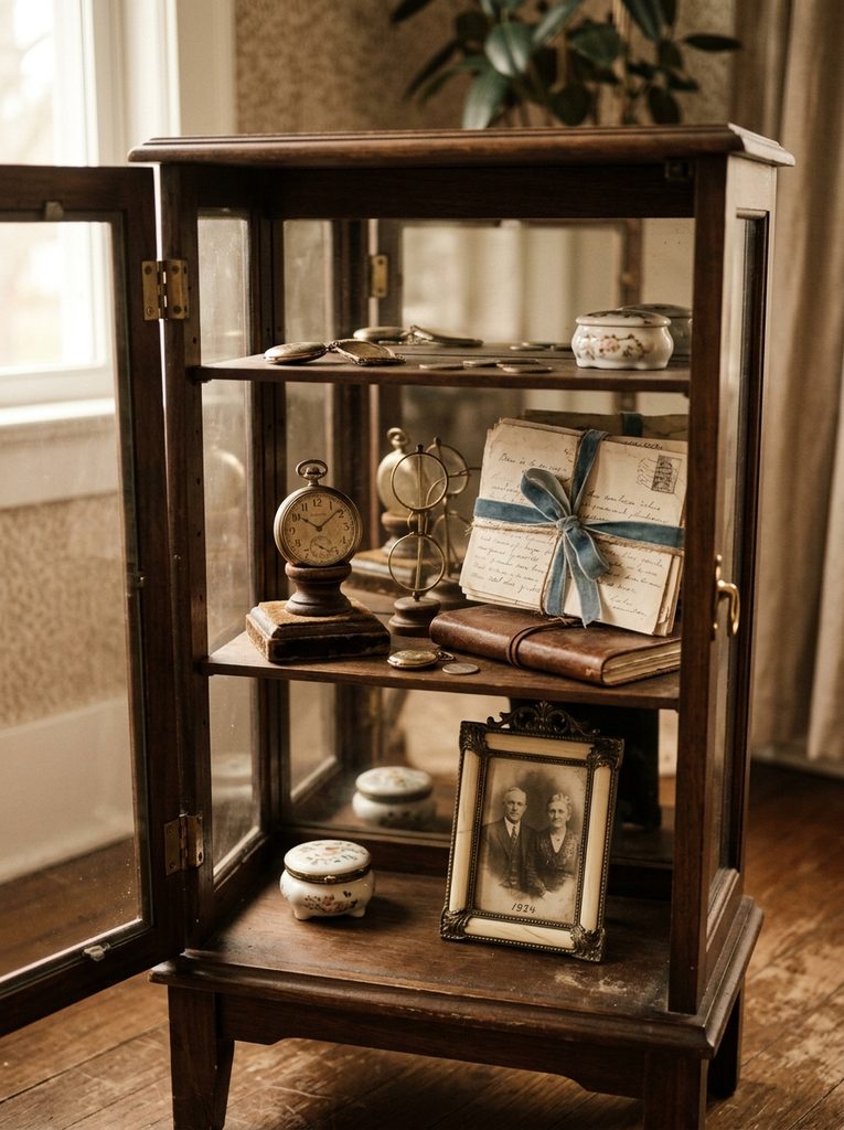 Heirloom Memory Shadow Box Display with a pocket watch, brass spectacles, and framed photograph in a cabinet