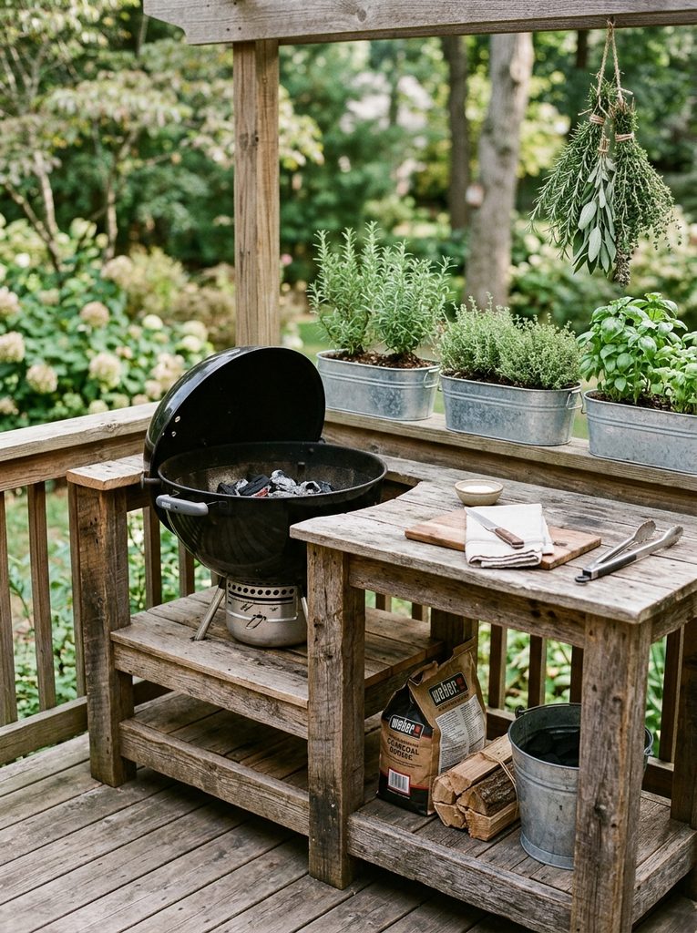 Herb-Lined Rustic Wood Station with a kettle grill and galvanized planters of rosemary, thyme, and basil