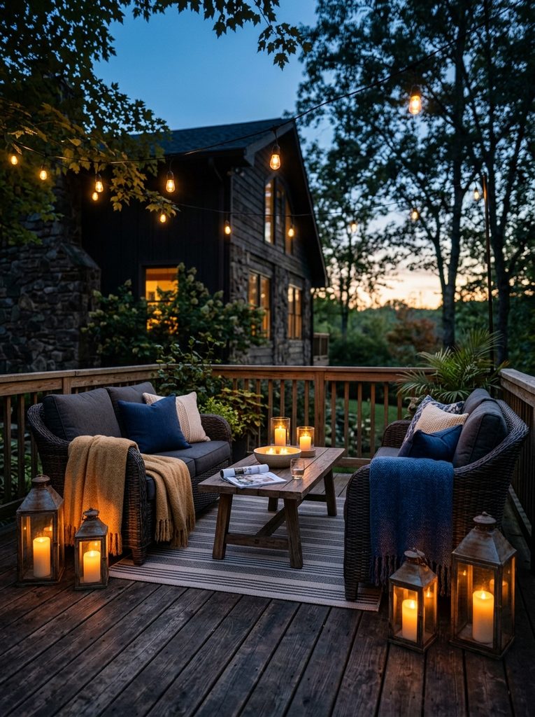Lantern-Lit Evening Seating with metal lanterns and string lights around a deck seating group at dusk