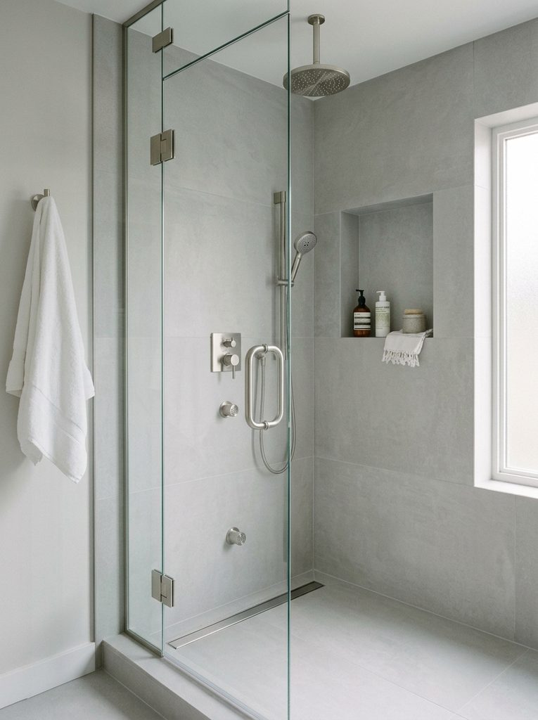 Large-Format Porcelain Tile Walls in a steam shower with minimal grout lines and a recessed niche