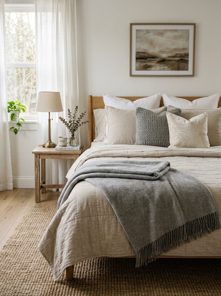 Layered Flannel and Wool Bedding with a cream flannel sheet, gray wool blanket, and oatmeal quilt