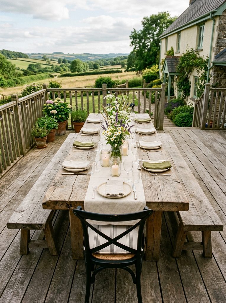 Long Farmhouse Dining Table with benches, linen runner, and candles on a large wood deck