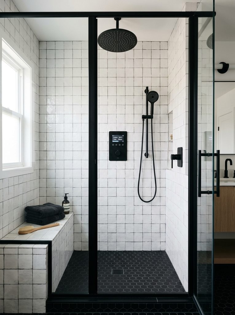 Matte Black Fixture Contrast with a black rain head and control panel against white tile in a steam shower