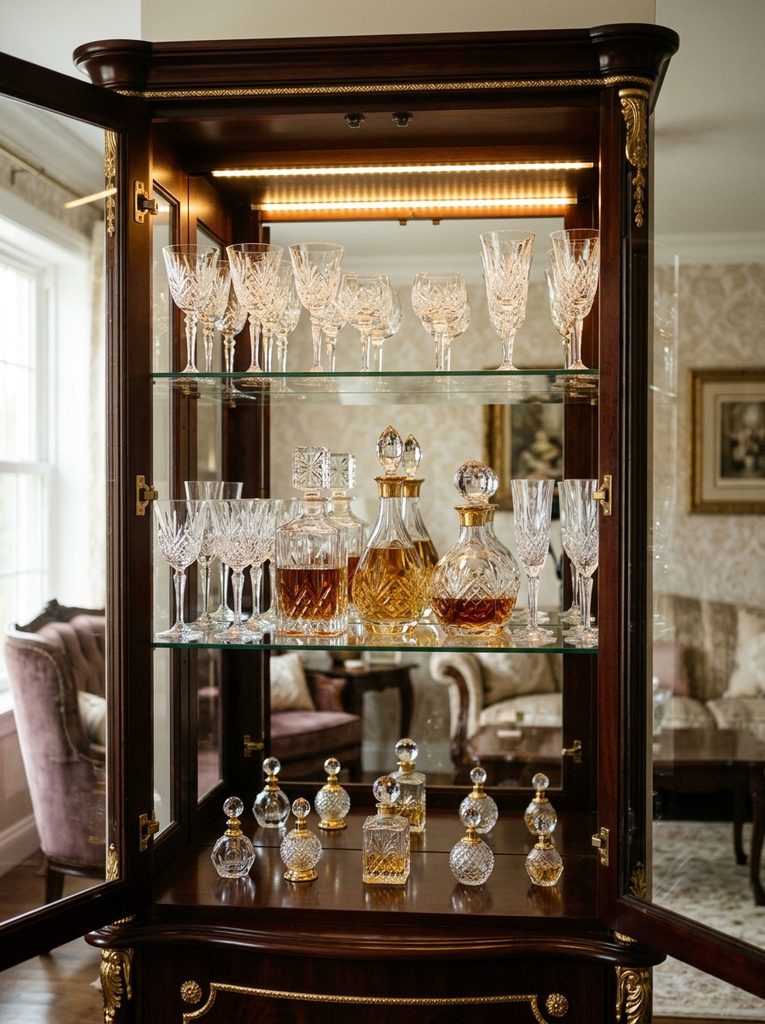Mirrored Back Sparkle Effect with crystal decanters and perfume bottles reflected in a curio cabinet