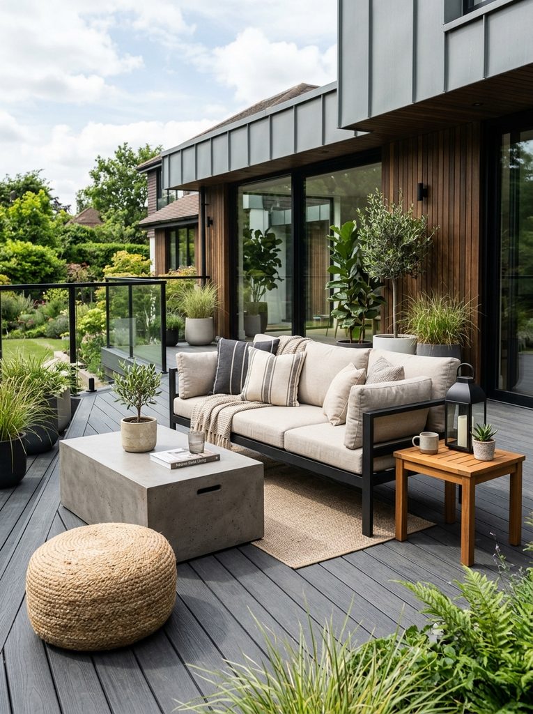 Mixed-Material Modern Lounge with a concrete-look table, black metal sofa, and woven pouf on a deck