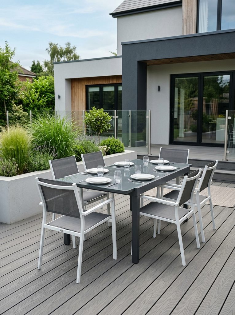 Modern Aluminum Dining Set with a glass-topped table and slim white chairs on a composite deck