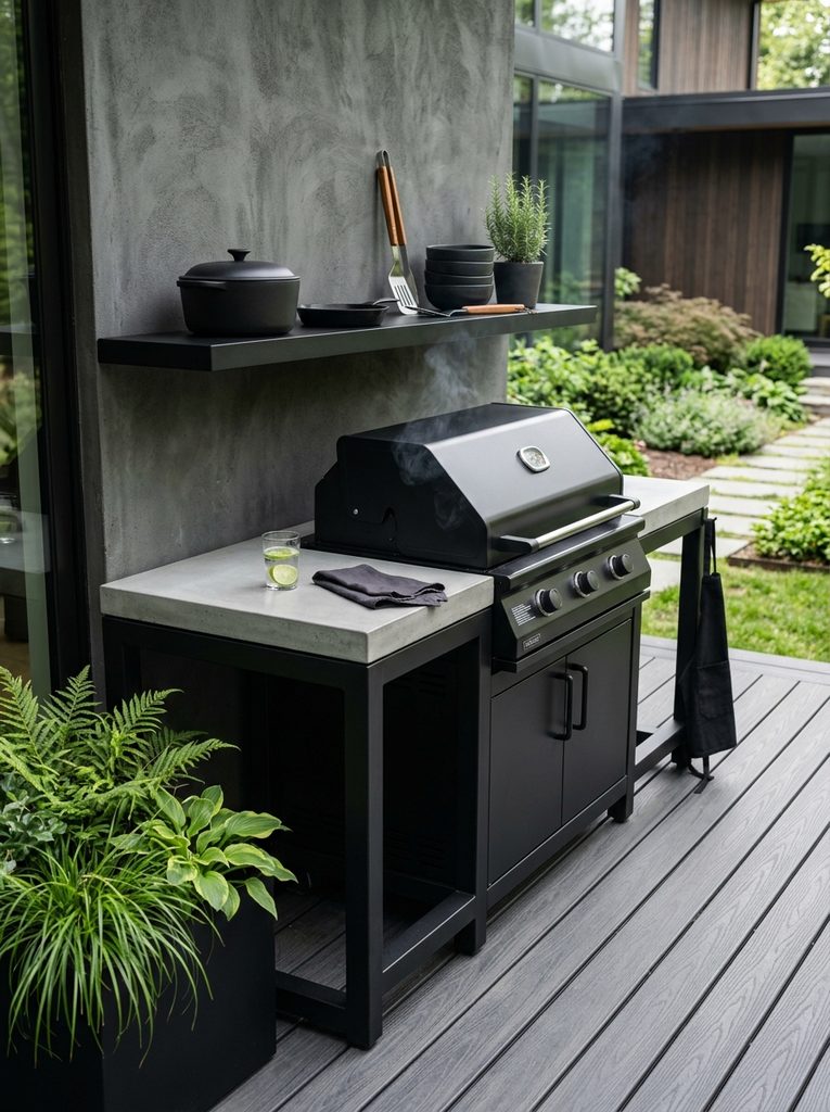 Modern Black Steel and Concrete grill station with a gray counter and open shelf on a charcoal deck