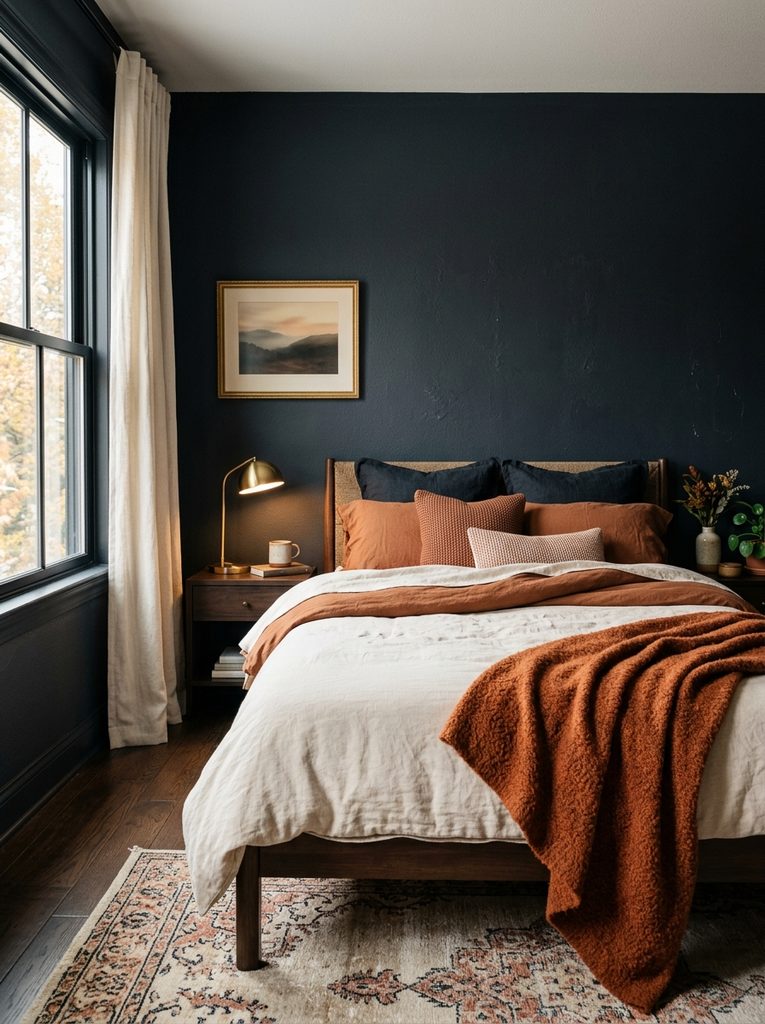 Moody Dark Wall Retreat with charcoal-navy walls, cream bedding, and rust throw in a bedroom