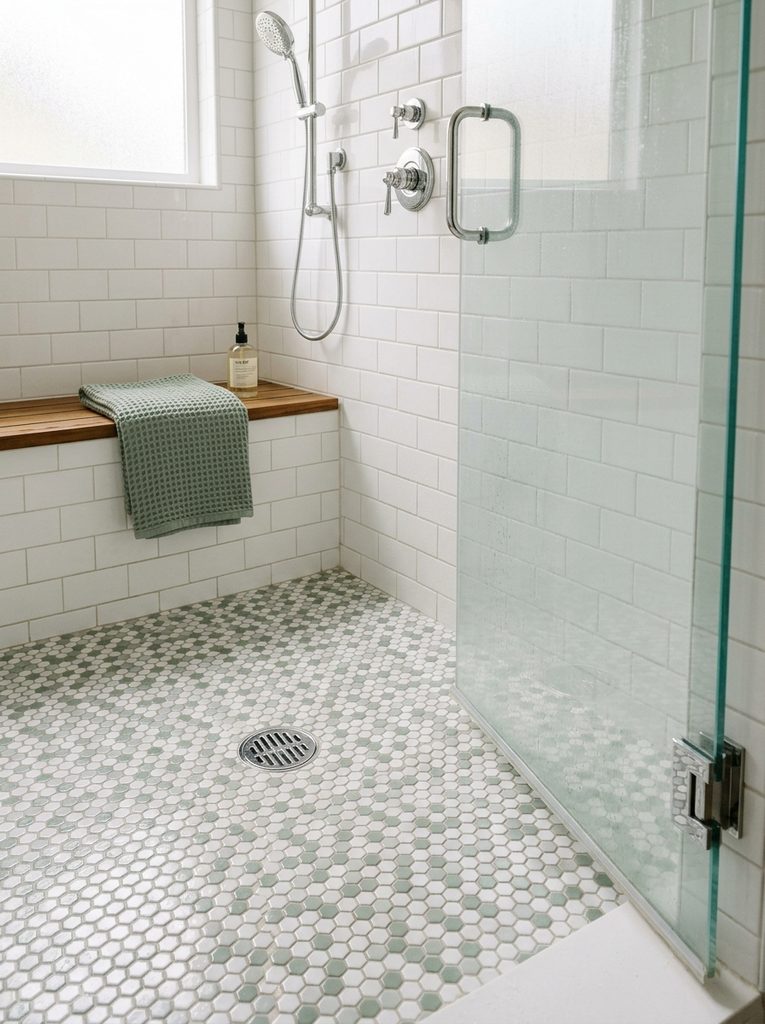 Mosaic Floor Statement with sage green and white hexagon tile inside a steam shower