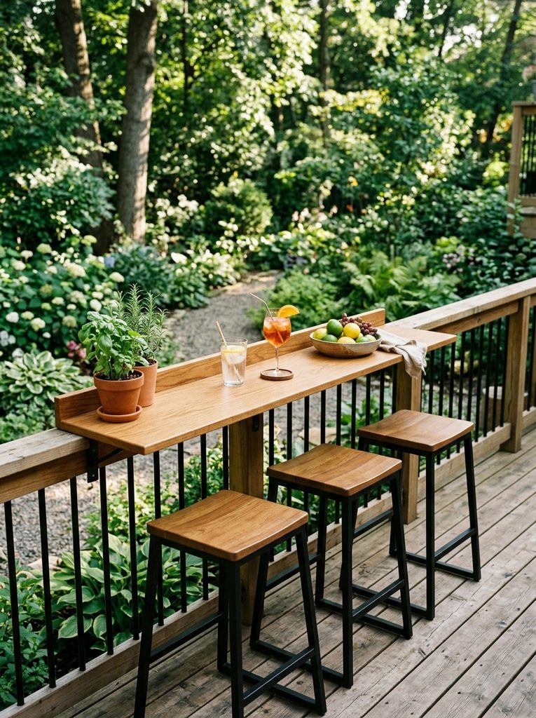 Narrow Deck Rail Bar Counter with three stools and a backyard view beyond the railing